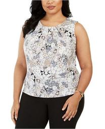 Plus Size Floral Pleated Sleeveless Top
