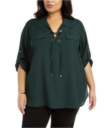 Plus Size Lace-Up Roll-Tab-Sleeve Top