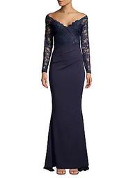 V-Neck Lace Fit-&amp;-Flare Gown