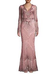Geo Sequin V-Neck Fit-&amp;-Flare Gown