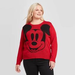 Women's Disney Mickey Face Plus Size Pullover Sweater (Juniors') - Red