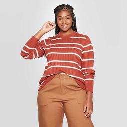 Women's Plus Size Striped Crewneck Pullover Sweater - Ava & Viv™