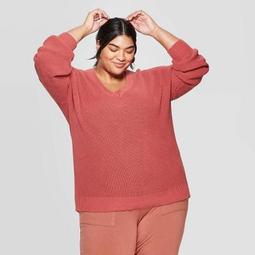 Women's Plus Size Balloon V-Neck Pullover Sweater - Ava & Viv™