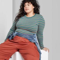 Women's Plus Size Striped Long Sleeve Crewneck T-Shirt - Wild Fable™ Green