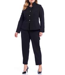 Plus Size Pebble Crepe Stand Collar Four-Button Jacket 2-Piece Pantsuit