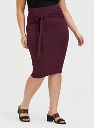 Burgundy Purple Jersey Tie-Front Midi Skirt