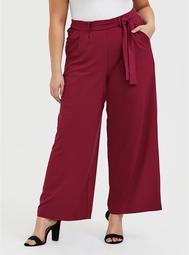 Wide Leg Tie Front Crepe Pant - Red Wine