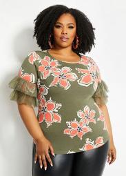 Olive Floral Tier Mesh Sleeve Top