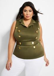 Belted Collared Button Accent Top