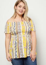 Plus Yellow Striped Floral Print Super Soft Babydoll Top