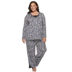 Plus Size Croft & Barrow® V-Neck Long Sleeve Knit Pajama Set With Lace