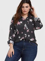 Taylor - Black Burnout Star Button Front Relaxed Fit Shirt