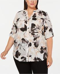 Plus Size Printed Roll-Tab Top