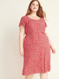 Waist-Defined Printed Button-Front Plus-Size Midi Dress