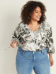Plus-Size Tie-Neck Printed Swing Blouse