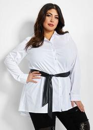 Faux Leather Belt Button-Up Tunic