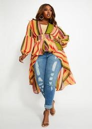 Striped Plunging Neck Hi-Low Duster