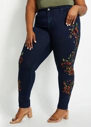 Floral Embroidery High-Waist Skinny