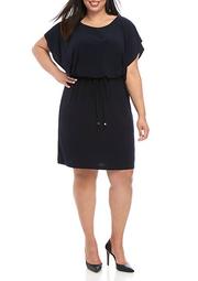 Plus Size Solid Flutter Sleeve Drawstring Day Dress