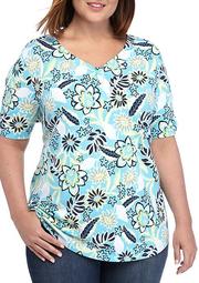 Plus Size Short Sleeve Cinched Neck Printed Top