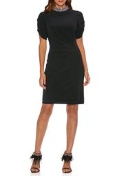 Jewel-Neck Ruched-Sleeve Dress