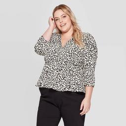 Women's Plus Size Leopard Print Puff 3/4 Sleeve V-Neck Ruched Peplum Blouse - Who What Wear™ Black