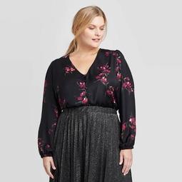 Women's Plus Size Floral Print Long Sleeve V-Neck Covered Button Blouse - Ava & Viv™ Black