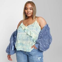Women's Plus Size V-Neck Ruffle Front Satin Cami Top - Wild Fable™ Teal Blush