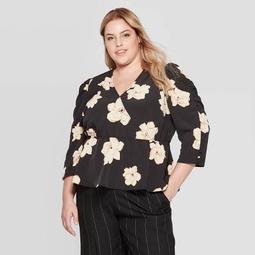 Women's Plus Size Floral Print Puff 3/4 Sleeve V-Neck Ruched Peplum Blouse - Who What Wear™ Black