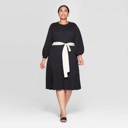 Women's Plus Size 3/4 Sleeve Mock Turtleneck Intarsia Sweater Midi Dress - Who What Wear™ Tan