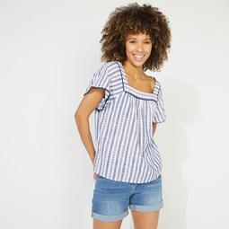 NAUTICA JEANS CO. EYELET STRIPED SQUARE NECK TOP