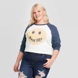 Women's Smiley Face Best Life Plus Size Long Sleeve Graphic T-Shirt - Zoe+Liv (Juniors') - Ivory