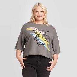 Women's Plus Size Rainbow Bolt Tiger Short Sleeve Cropped Graphic T-Shirt - Grayson Thread (Juniors') - Charcoal