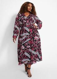 Belted Mixed Print Wrap Maxi Dress