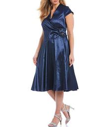 Plus Size Stretch Taffeta V-Neck Pleated Midi Dress