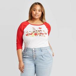 Women's Disney Mickey And Friends Plus Size Raglan 3/4 Sleeve Graphic T-Shirt (Juniors') - White/Red