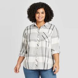 Women's Plus Size Plaid Long Sleeve Collared Button-Down Top - Universal Thread™ Cream