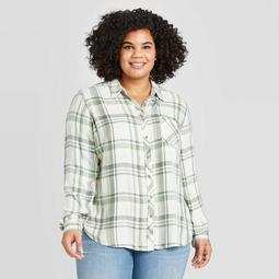 Women's Plus Size Plaid Long Sleeve Collared Button-Down Top - Universal Thread™ Green 