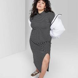 Women's Plus Size Striped Long Sleeve Mock Turtleneck Rib Knit Midi Dress - Wild Fable™ Black/White