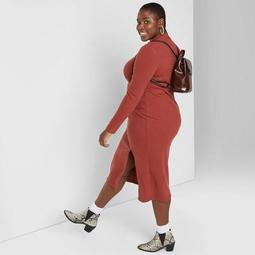 Women's Plus Size Long Sleeve Mock Turtleneck Rib Knit Midi Dress - Wild Fable™ Rust