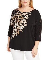 Plus Size Button-Trim Split-Sleeve Top, Created For Macy's