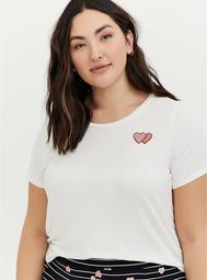 White Heart Embroidered V-Neck Crop Sleep Tee