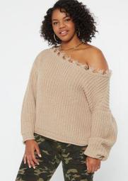 Plus Tan Distressed Slouchy Sweater