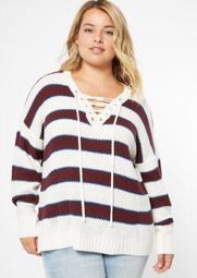 Plus White Striped Drop Sleeve Lace Up V Neck Sweater
