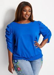 Ruched Elbow Sleeve Smocked Top