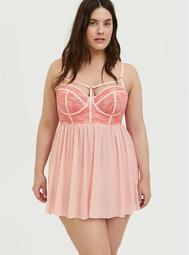 Peach & Coral Pink Mesh & Lace Harness Underwire Babydoll