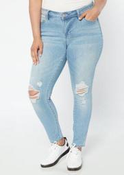 Plus High Waisted Light Wash Ripped Knee Jeggings