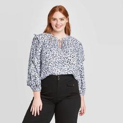 Women's Plus Size Floral Print Long Sleeve Round Neck Ruffle Detail Blouse - Who What Wear™