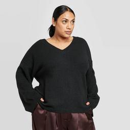 Women's Plus Size V-Neck Pullover Sweater - Prologue™ Black