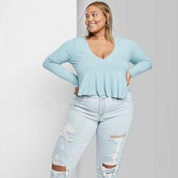 Women's Plus Size Long Sleeve V-Neck Top - Wild Fable™ Teal 